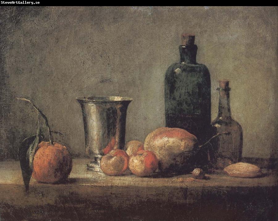 Jean Baptiste Simeon Chardin Orange silver apple pears and two glasses of wine bottles